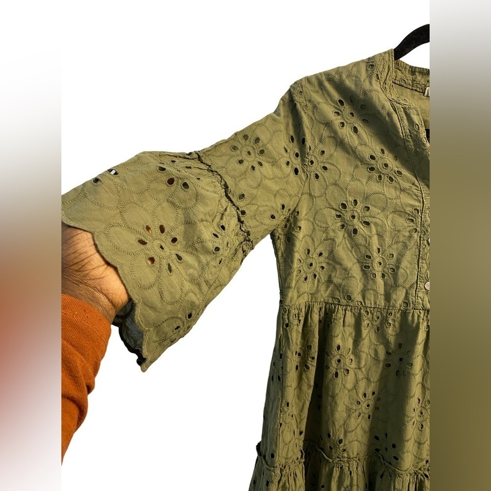 Valentina Naldi Olive Green Floral Eyelet Tiered Scalloped Cotton Dress Sz S - Picture 6 of 8